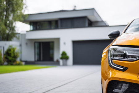 Bright orange car parked in front of a modern house with a sleek design and green landscapingの素材