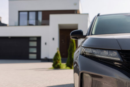 Modern vehicle parked in front of a sleek house on a sunny day in a suburban neighborhoodの素材