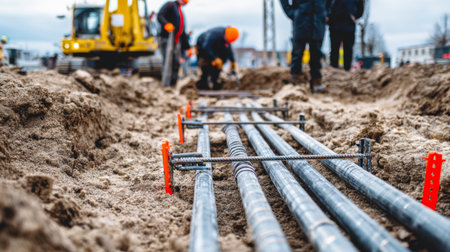 Construction workers laying pipelines in a trench at a construction site during daylight hoursの素材