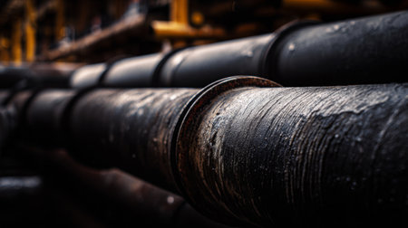 Industrial pipes at an oil refinery showcasing detailed textures and rust under ambient lightの素材