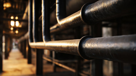 Industrial pipes create a striking visual in a dimly lit urban setting during early morning hoursの素材