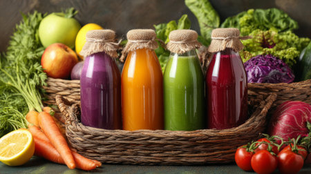 Colorful freshly pressed juices displayed in glass bottles surrounded by a variety of fruits and vegetables at a local marketの素材