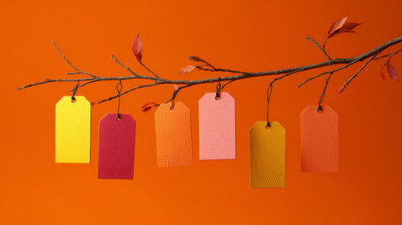Colorful tags hanging on a branch against a bright orange background showcasing autumn vibesの素材
