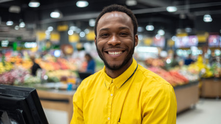 Smiling store clerk assisting customers at a vibrant grocery store in the afternoonの素材