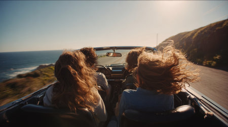 Friends enjoy a scenic drive along the coastline on a sunny day with the wind in their hairの素材