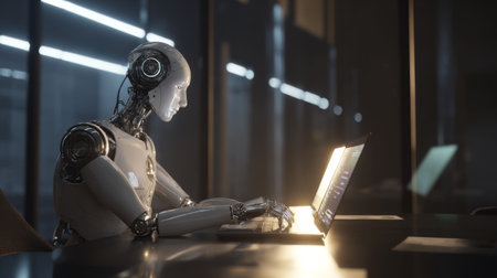 Robot working at a computer in a modern office environment during the evening hoursの素材