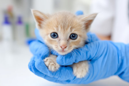 Cute light-colored kitten held gently in a veterinarians hand in a bright clinic settingの素材