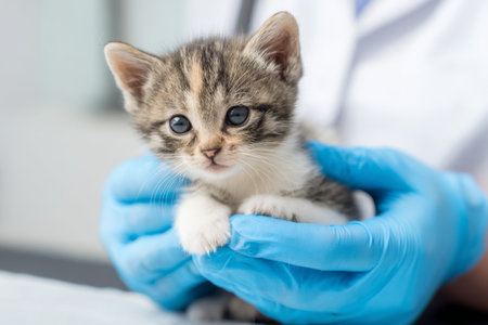 Cute kitten being held by a person in blue gloves at a veterinary clinic during a check-upの素材