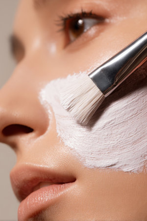 Woman applying a white facial mask with a brush in a skincare routine indoorsの素材