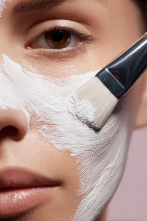 Applying a facial mask in a beauty treatment session at a cosmetic studio for skincare relaxationの素材