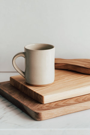 Ceramic mug on wooden cutting boards with a soft, neutral background in a cozy kitchen settingの素材