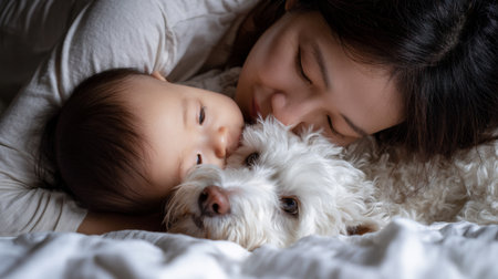 Family bonding time with mother, baby, and dog snuggled together on a cozy bed in the soft morning lightの素材