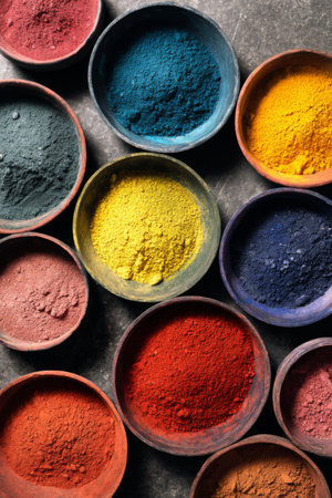 Brightly colored powders arranged in bowls for traditional art or celebration preparationsの素材