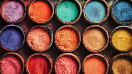 Colorful powders arranged in circular bowls showcase a vibrant palette for artistic projects and crafts in a studio settingの素材