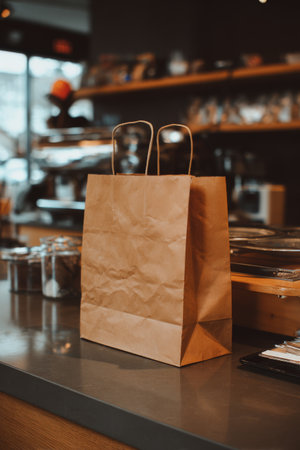 Brown paper bag on a counter in a cozy cafe during a quiet afternoonの素材