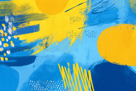 Vibrant abstract mural featuring bold yellow and blue shapes and brush strokes in a creative urban spaceの素材