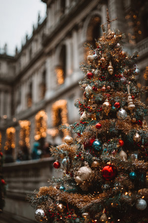 Christmas tree adorned with colorful ornaments outside a historic building during the holiday season in a festive atmosphereの素材