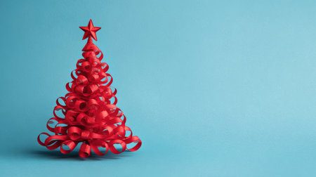 Festive red ribbon Christmas tree on a blue background adds holiday cheer to any celebrationの素材