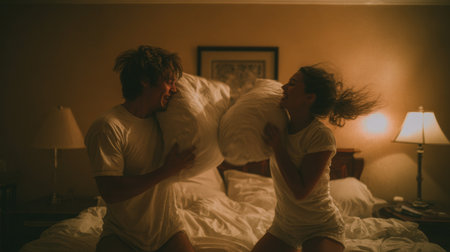 Fun pillow fight between two friends in a cozy hotel room at nightの素材