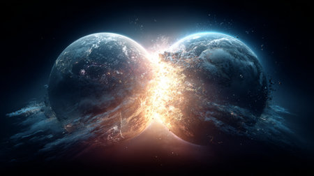 Two planets collide violently, creating a massive explosion in deep spaceの素材