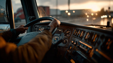 Truck driver navigating through a rainy road during sunset with illuminated dashboard lightsの素材