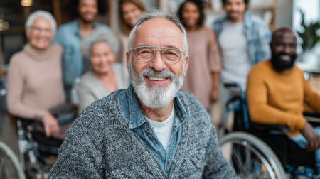 Group of cheerful seniors and caregivers enjoying time together at a community center in bright daylightの素材