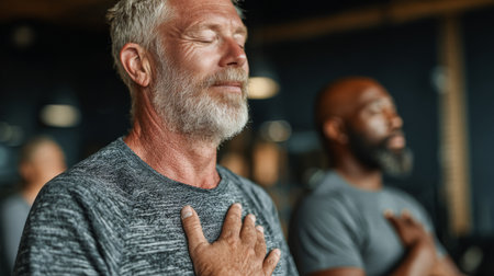 Men practicing mindfulness and breathing techniques during a relaxation session in a calm indoor environmentの素材
