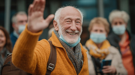 Smiling elder greets friends in a casual outdoor setting during a sunny dayの素材
