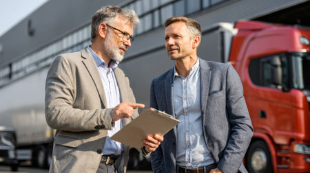 Business professionals discuss logistics solutions at a transport facility during the daylightの素材