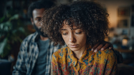 Couple experiences emotional moment while discussing personal issues in a cozy indoor settingの素材