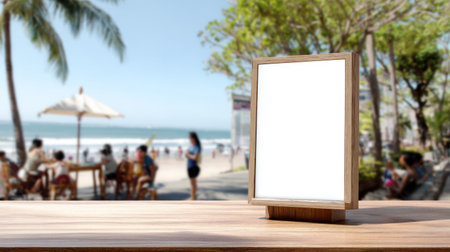Blank signboard in front of a busy beachside cafe with people enjoying their time on a sunny dayの素材