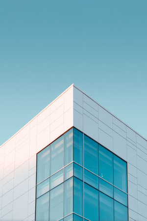 Modern building corner with large glass windows against a clear skyの素材