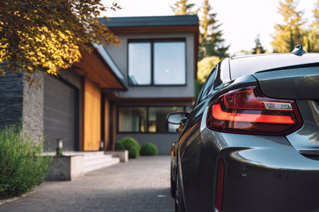 Modern house exterior with sleek car parked in driveway surrounded by trees during golden hourの素材