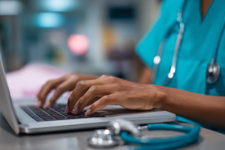 Healthcare professional enters patient data on a laptop in a modern medical facility during a busy shiftの素材