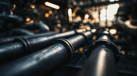 Complex network of industrial pipes under dim lighting in a manufacturing facilityの素材
