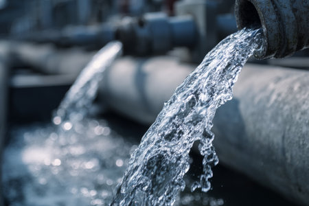 Water flowing from a pipe in an industrial setting during daylightの素材