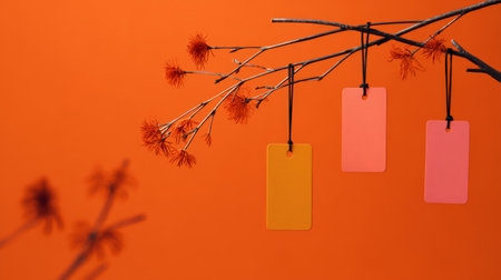 Bright orange background features a branch with colorful tags hanging and delicate red flowers bloomingの素材