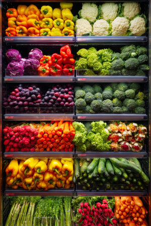 Vibrant display of fresh vegetables in a grocery store showcasing variety and color during daylight hoursの素材