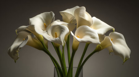 Elegant white calla lilies arranged beautifully in a vase against a dark backgroundの素材