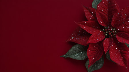 Bright red poinsettia flower with sparkling details against a rich backgroundの素材