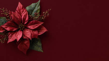 Bright red poinsettia flower decoration on a deep red background perfect for festive occasionsの素材
