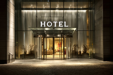 Elegant hotel entrance illuminated at night showcasing modern architecture and luxury decorの素材
