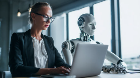 Businesswoman collaborates with robot assistant in modern office setting while working on laptop during daytimeの素材