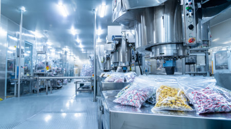 Production line in a candy factory during daytime with various packaged sweets ready for distributionの素材