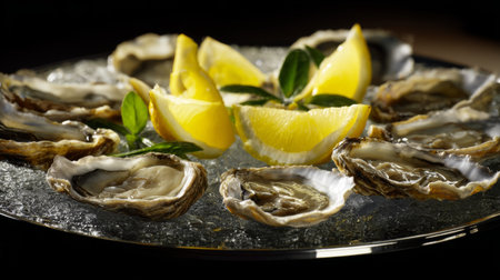 Freshly shucked oysters served on ice with lemon wedges and garnished with green leavesの素材