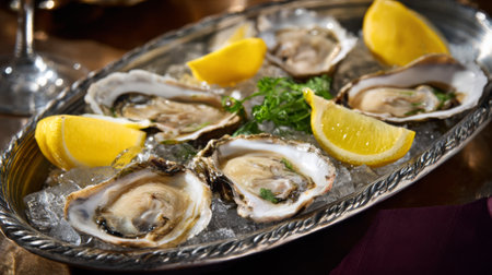 Fresh oysters served with lemon slices on ice for a delicious seafood dining experienceの素材