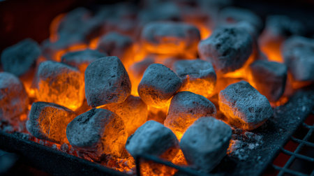Charcoal briquettes glowing brightly in a grill ready for barbecue cooking in warm evening lightの素材