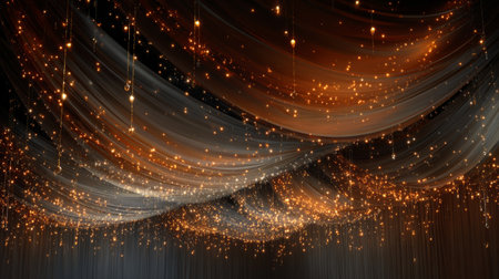 Elegant decorative lights illuminating a draped ceiling indoors during an evening event or celebration in a grand spaceの素材