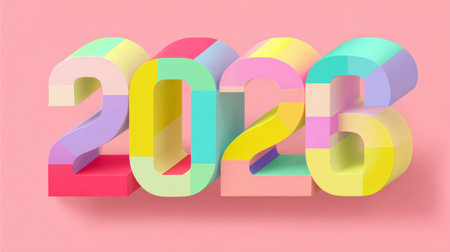 Bright colored 2026 numbers on pink background create a playful and festive mood for New Year decorations or eventsの素材