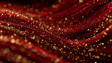 Colorful waves of shimmering gold and red sparkles flowing gracefully through an abstract design at nightの素材